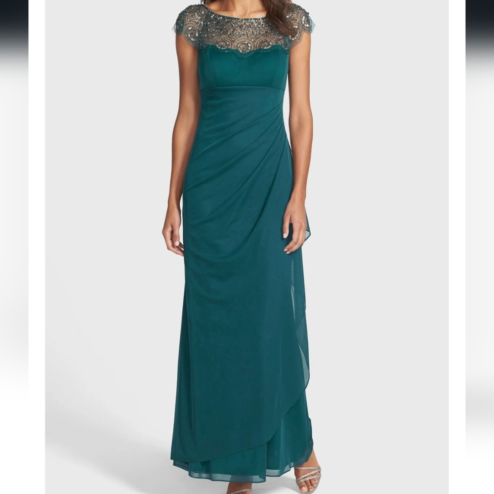 Xscape Beaded Yoke Drape Mesh Embellished Illusion Ruched Gown, Teal/Green, 18W